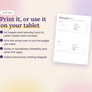 Pode incluir: Uma p&aacute;gina de planejador de metas financeiras com se&ccedil;&otilde;es para as metas 1 e 2, incluindo campos para valor, data e poupan&ccedil;a mensal. O texto diz: Your way, Print it, or use it on your tablet, A4, US Letter, GoodNotes, Notability.