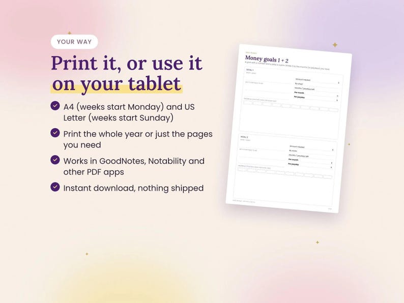 Pode incluir: Uma p&aacute;gina de planejador de metas financeiras com se&ccedil;&otilde;es para as metas 1 e 2, incluindo campos para valor, data e poupan&ccedil;a mensal. O texto diz: Your way, Print it, or use it on your tablet, A4, US Letter, GoodNotes, Notability.