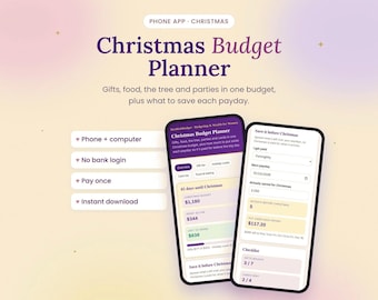 Puede incluir: Una aplicación digital de planificador de presupuesto navideño mostrada en dos teléfonos inteligentes. La interfaz presenta secciones moradas y crema para rastrear regalos, comida y ahorros. El texto incluye 'Christmas Budget Planner', 'Phone + computer', 'No bank login', 'Pay once' y 'Instant download'.