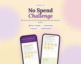 Puede incluir: Un rastreador digital de ahorros No Spend Challenge mostrado en dos teléfonos inteligentes. La interfaz presenta un calendario de desafío de 14 días con marcas de verificación, campos de texto para reglas y resúmenes de progreso.
