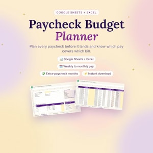 May include: A digital Paycheck Budget Planner for Google Sheets and Excel. The graphic features the text Paycheck Budget Planner, Plan every paycheck before it lands, and labels for Google Sheets, Excel, Weekly to monthly pay, and Instant download.
