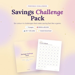 Puede incluir: Un paquete de desaf&iacute;os de ahorro imprimibles con seis p&aacute;ginas para colorear. El texto dice Savings Challenge Pack, Six colour-in challenges that make saving feel like a game, 9 pages, $500 to $5,050, A4 + US Letter e Instant download.