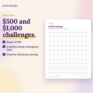 Puede incluir: Una hoja de seguimiento de ahorros blanca titulada $1,000 challenge con 100 casillas marcadas con $10. El texto dice HerRichBudget, QUICK WINS, $500 and $1,000 challenges, Boxes of $10, A perfect starter emergency fund, y Great for Christmas savings.