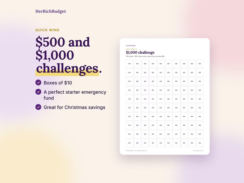 Puede incluir: Una hoja de seguimiento de ahorros blanca titulada $1,000 challenge con 100 casillas marcadas con $10. El texto dice HerRichBudget, QUICK WINS, $500 and $1,000 challenges, Boxes of $10, A perfect starter emergency fund, y Great for Christmas savings.