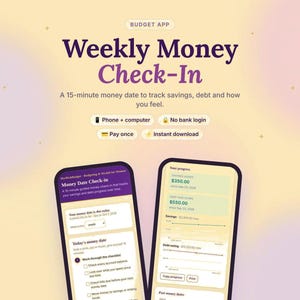May include: A digital budget app interface titled Weekly Money Check-In. The graphic features two smartphones displaying financial tracking screens, including savings and debt progress, with text labels for phone, computer, no bank login, pay once, and instant download.