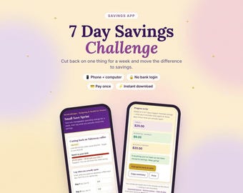 Puede incluir: Un rastreador digital de desafío de ahorro de 7 días con texto morado oscuro sobre un fondo amarillo claro. Dos pantallas de teléfono muestran interfaces de seguimiento de presupuesto con campos para registrar gastos diarios.
