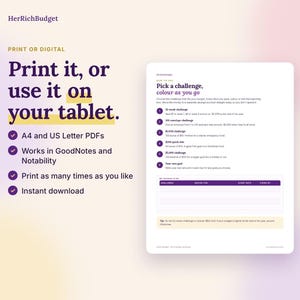Puede incluir: Un documento digital de seguimiento de retos de ahorro titulado HerRichBudget con texto morado sobre fondo blanco. Incluye una lista de retos de ahorro, como el reto de 52 semanas, y una tabla para seguir el progreso. El texto incluye Print it, or use it on your tablet, A4 and US Letter PDFs, Works in GoodNotes and Notability, Print as many times as you like e Instant download.