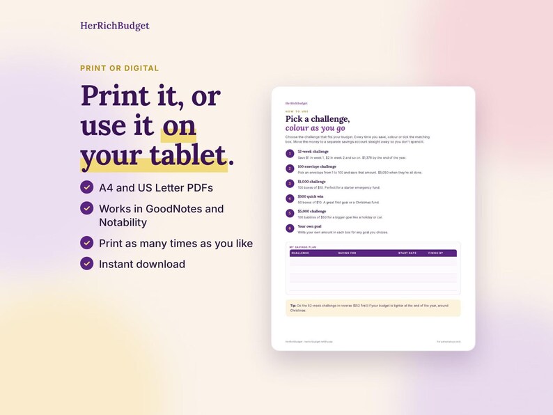 Puede incluir: Un documento digital de seguimiento de retos de ahorro titulado HerRichBudget con texto morado sobre fondo blanco. Incluye una lista de retos de ahorro, como el reto de 52 semanas, y una tabla para seguir el progreso. El texto incluye Print it, or use it on your tablet, A4 and US Letter PDFs, Works in GoodNotes and Notability, Print as many times as you like e Instant download.