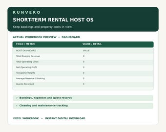 Short-Term Rental Host OS | Excel Workbook for Income, Expenses, Maintenance (Digital Download)