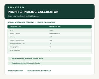 Small Business Pricing Calculator | Profit Margin, Break Even & Product Cost Calculator | Excel Spreadsheet