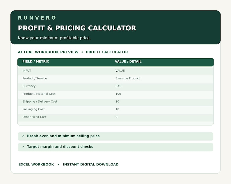 Profit & Pricing Calculator spreadsheet preview