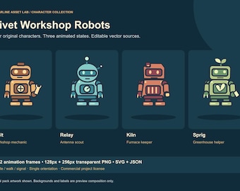 Rivet Workshop Robots: 4 Animated Characters, PNG Sprite Sheets and SVG Sources