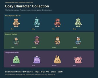Cozy Character Bundle: 12 Animated Robots, Villagers and Slimes, PNG Sheets and SVG Sources