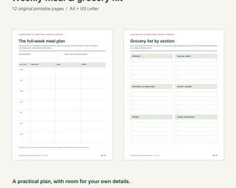 Weekly Meal Planner & Grocery List Kit, 12-Page Printable Worksheets (A4 + US Letter)