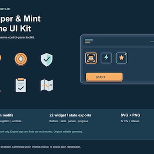 Può includere: Un kit di interfaccia utente per giochi Copper & Mint con un'interfaccia blu scuro e icone color rame e verde menta, tra cui un cuore, una moneta, uno scudo, una chiave, una cartella e una mappa. Include un pannello con tasto START.