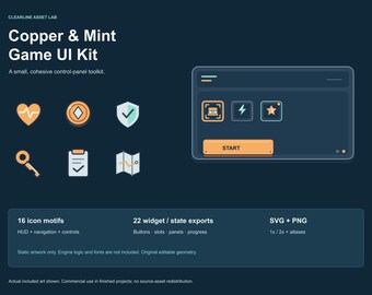 Copper and Mint Game Interface Kit, Icons and Buttons, SVG PNG Sprite Atlases