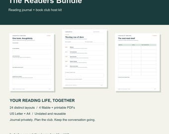 Reading Journal and Book Club Bundle, 24 Printable Fillable Pages, A4 and Letter