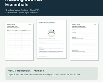 Reading Journal Printable and Fillable PDF, 12 Undated Pages, A4 and US Letter
