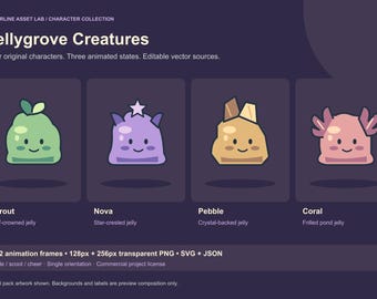 Jellygrove Creatures: 4 Animated Slime Characters, PNG Sprite Sheets and SVG Sources