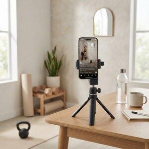 May include: A black smartphone tripod stand with an adjustable phone holder mount, positioned on a wooden table. The smartphone screen displays a social media fitness video featuring a person exercising with a kettlebell in a room.