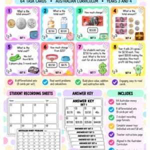 Dinero australiano: 64 tarjetas de actividades / Currículo australiano diferenciado para 3.º y 4.º de primaria