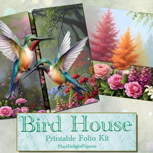 Zestaw Bird House Humming bird Folio Kit - Zestaw do druku Junk Journal - Strony z ulotkami - Akwarela Enchanted Forest Garden