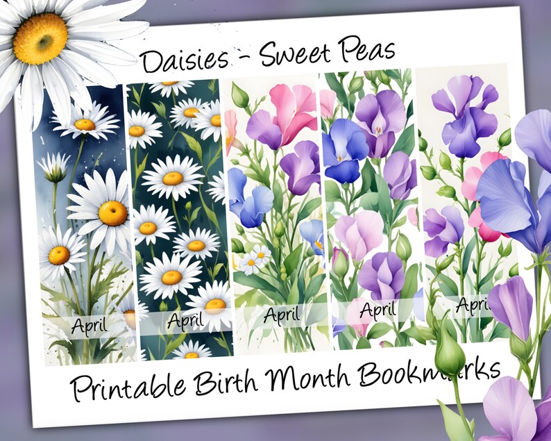 April Birth Flower Bookmarks: Daisy & Sweet Pea Floral Set (PDF, JPG ...