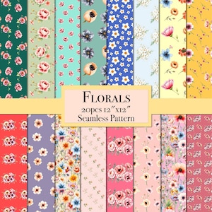 May include: A set of 20 digital floral seamless patterns in various colors and styles. Each pattern is 12 inches by 12 inches. The patterns feature flowers, leaves, and other botanical elements.