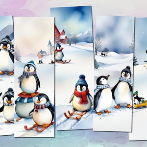 May include: A digital illustration of penguins in a winter wonderland. The penguins are wearing scarves and hats and are riding sleds and skateboards. The background is a snowy landscape with a red house and trees.