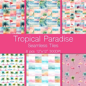 Tropical Flamingo Paper Pack – 8 Seamless Palm & Flamingo JPGs – 12×12″ Printable Collage Sheets – Summer Scrapbook Kit