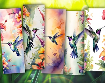Hummingbird Bookmark Set – 5 Watercolor Bird Designs – Printable Nature Bookmarks Instant Download PDF & JPG