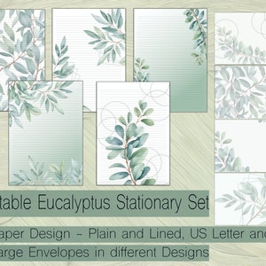 EUCALYPTUS STATIONERY Set - 10 hermosos papeles de diseño de eucalipto imprimibles, lisos y forrados, 4 sobres - Carta de EE. UU., A4, Correo postal