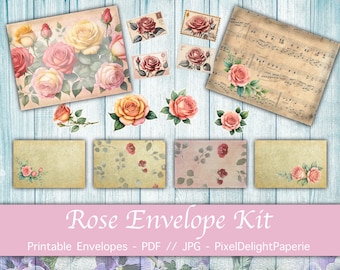 ROSE ENVELOPE Kit - 6 Printable Beautiful Ephemera Rose Envelopes and Stamps  - pdf + jpg files Perfect for journaling, letters, scrapbook