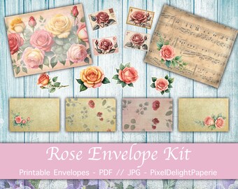 Envelopes Ephemera Rose set - 6 Printable Beautiful Rose Envelopes, Stamps  - pdf + jpg files Junk journaling, letters, scrapbook, mail