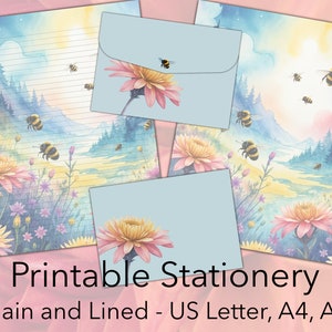 Juego de papelería imprimible BEE-TASTIC: lindos papeles con diseño de abejas, lisos y rayados, con sobre, tamaño carta de EE. UU., A4, A5, perfectos para felicitaciones de verano
