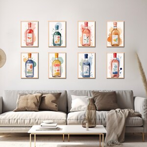 Liqueur Bottle Art Prints & Postcards - Set of 8 printable in 2 sizes - Watercolor Kitchen Decor - Instant Download - Minimalist Wall Art