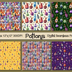 Puede incluir: Seis patrones digitales sin costuras con botellas de pociones coloridas en varios diseños. Los patrones incluyen botellas con diferentes formas, colores y detalles, sobre fondos de color naranja, verde, amarillo y morado. Se muestra el texto "Potions".