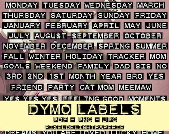May include: A pink background with white flowers and green leaves.  Black and white text labels with words like "Monday", "Tuesday", "Wednesday", "March", "Thursday", "Saturday", "Sunday", "Friday", "January", "February", "April", "May", "June", "July", "August", "September", "October", "November", "December", "Spring", "Summer", "Fall", "Winter", "Holiday", "Tracker", "Mom", "Goals", "Weekend", "Family", "Dad", "Sis", "No", "3rd", "2nd", "1st", "Month", "Year", "Bro", "Yes", "Friend", "Party", "Cat", "Mom", "Meem", "Yes", "Yes", "Yes", "Feeling", "Good", "Moments", "DYMO LABELS", "PDF", "PNG", "JPG", "PIXELDELIGHTPAPERIE", "Dreams", "You Are Loved", "Lucky", "Home".