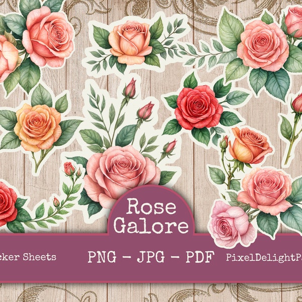 Rose Galore Large Sticker Sheet -Printable Journal Planner sticker sheets - pdf png jpeg files - Perfect for journaling, decoupage fuzzy cut