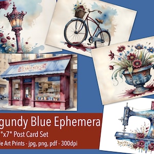 Kit de efímeras en azul burdeos - Juego de 5 postales imprimibles - Colores polvorientos - París vintage - Impresiones artísticas para decoupage, álbumes de recortes y diarios basura antiguos