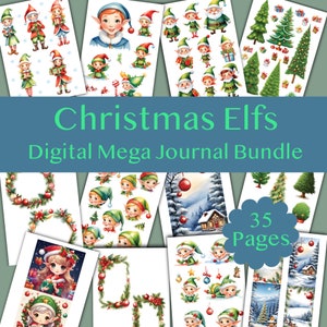 May include: A digital journal bundle featuring 35 pages of Christmas elf illustrations. The illustrations include elves wearing red hats, green hats, and blue hats. Some elves are holding presents, while others are holding candy canes. There are also illustrations of Christmas trees, wreaths, and snow scenes.