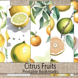 Puede incluir: Marcadores imprimibles con ilustraciones de acuarela de cítricos, incluyendo limones, naranjas y pomelos. Los marcadores tienen un fondo blanco con hojas verdes y un texto superpuesto que dice "Citrus Fruits Printable Bookmarks".