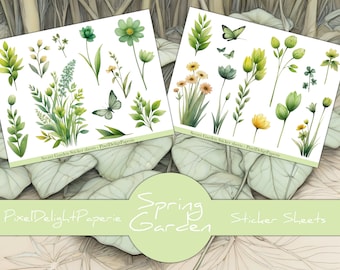May include: Two sticker sheets featuring watercolor illustrations of spring garden elements. The designs include green leaves, flowers, and butterflies. The text "Secret Garden Sticker sheets" and "Spring Garden Sticker Sheets" are visible.