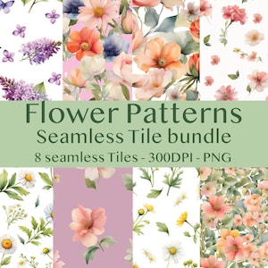 May include: A collection of eight seamless floral tile patterns in watercolor style. The designs feature various flowers in shades of pink, orange, purple, and white, with green foliage. The text "Flower Patterns Seamless Tile bundle" is displayed.