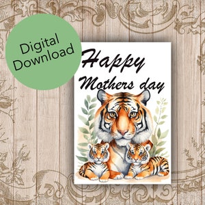 Tarjeta de felicitación imprimible para el Día de la Madre: mamá tigre de acuarela con dos cachorros, descarga digital: regalo para mamá