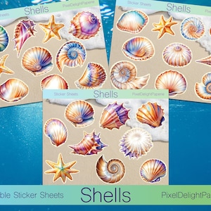 Könnte beinhalten: Druckbare Aufkleberbögen mit bunten Illustrationen von Muscheln. Die Bögen sind mit "Shells" und "PixelDelightPaperie" beschriftet.