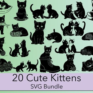 Puede incluir: Una colección de siluetas de gatos negros en varias poses, incluyendo jugar con hilo, descansar e interactuar entre sí. La imagen incluye el texto "20 Cute Kittens SVG Bundle".