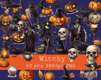 Witchy Clip Art – 50 Spooky Halloween PNG Graphics (Digital Download)
