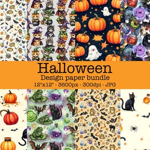 Könnte beinhalten: Ein Halloween-Design-Papierbündel mit verschiedenen Mustern. Die Muster umfassen Kürbisse, Geister, schwarze Katzen, Hexenkatzen, Zaubertränke, Fledermäuse und Spinnen. Der Text "Halloween Design paper bundle 12"x12" - 3600px - 300dpi - JPG" wird angezeigt.