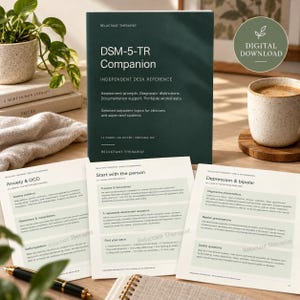 May include: A dark green DSM-5-TR Companion independent desk reference book with white text, accompanied by three printed pages featuring clinical assessment prompts, diagnostic distinctions, and documentation support for clinicians and students.